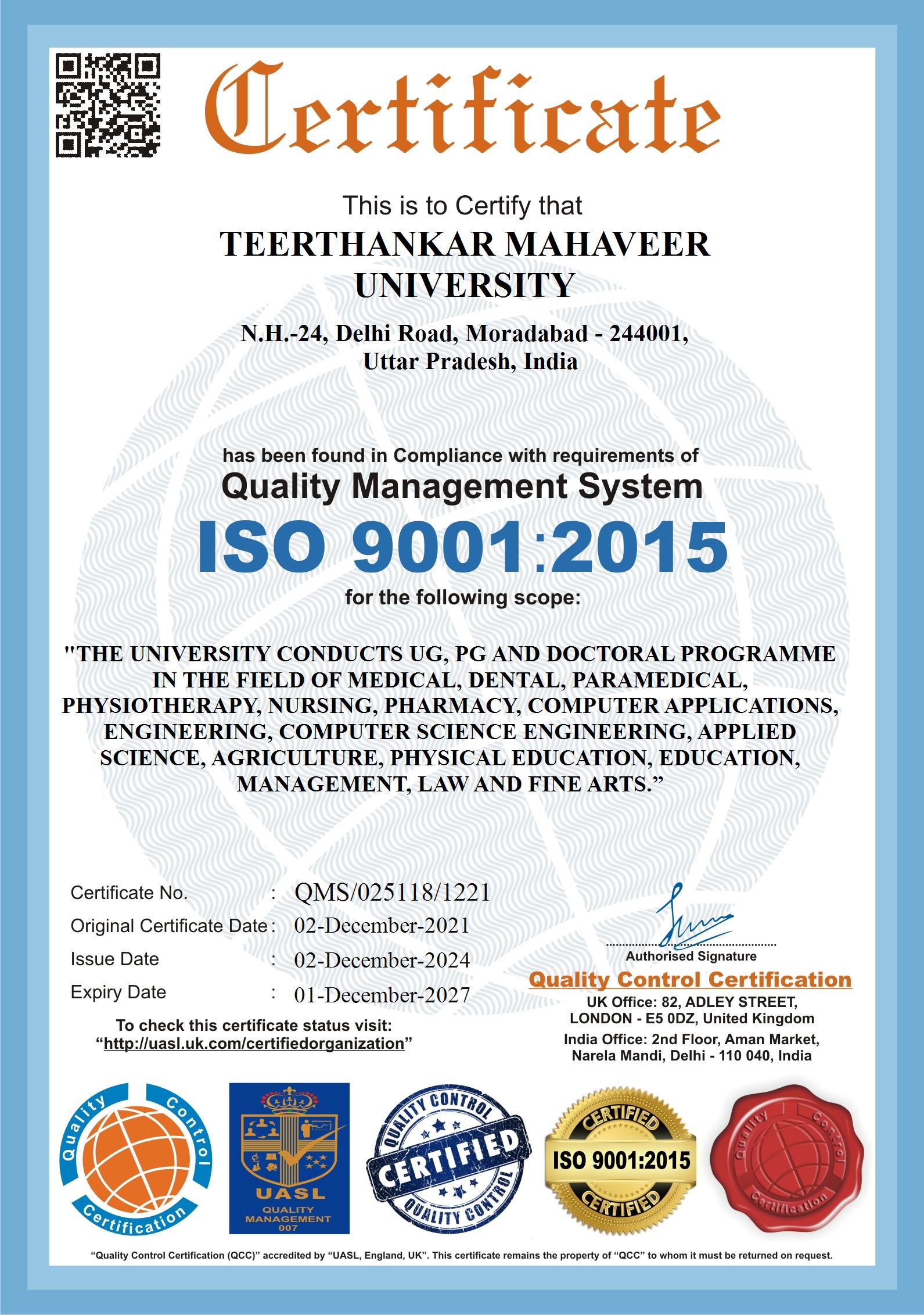 ISO 9001:2015 Quality Certificate
