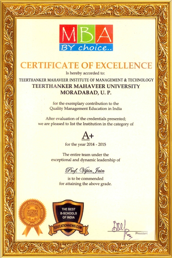 certificate of excellence to TMIMT bY MBA choice 