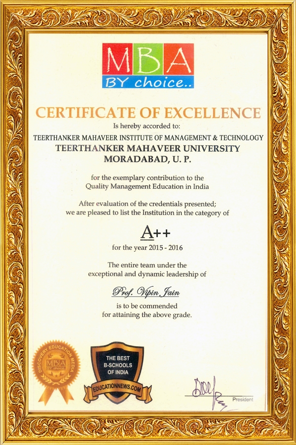 certificate of excellence to TMIMT