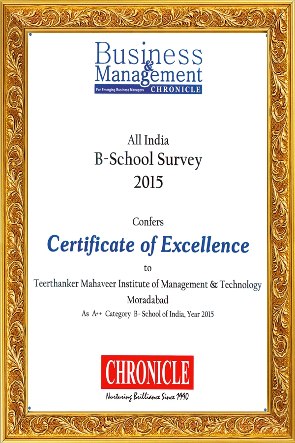 certificate of excellence to TMIMT in india B-school survey 2015